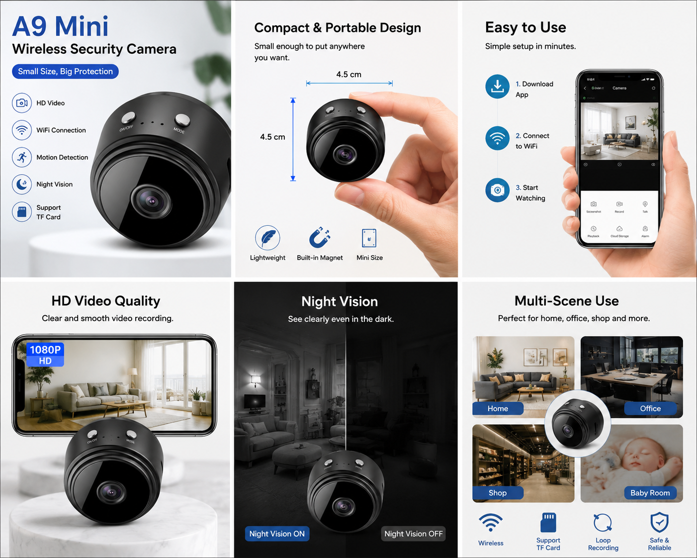A9 Mini Wireless Security Camera, WiFi Indoor Home Security Camera, Mini Spy Camera, Motion Detection Camera, Night Vision Camera