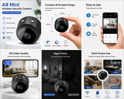 A9 Mini Wireless Security Camera, WiFi Indoor Home Security Camera, Mini Spy Camera, Motion Detection Camera, Night Vision Camera