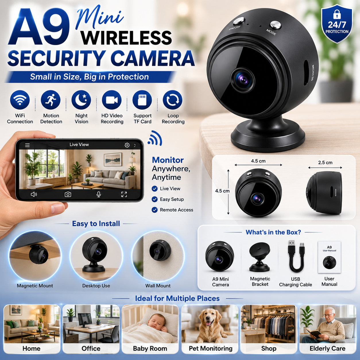 A9 Mini Wireless Security Camera, WiFi Indoor Home Security Camera, Mini Spy Camera, Motion Detection Camera, Night Vision Camera